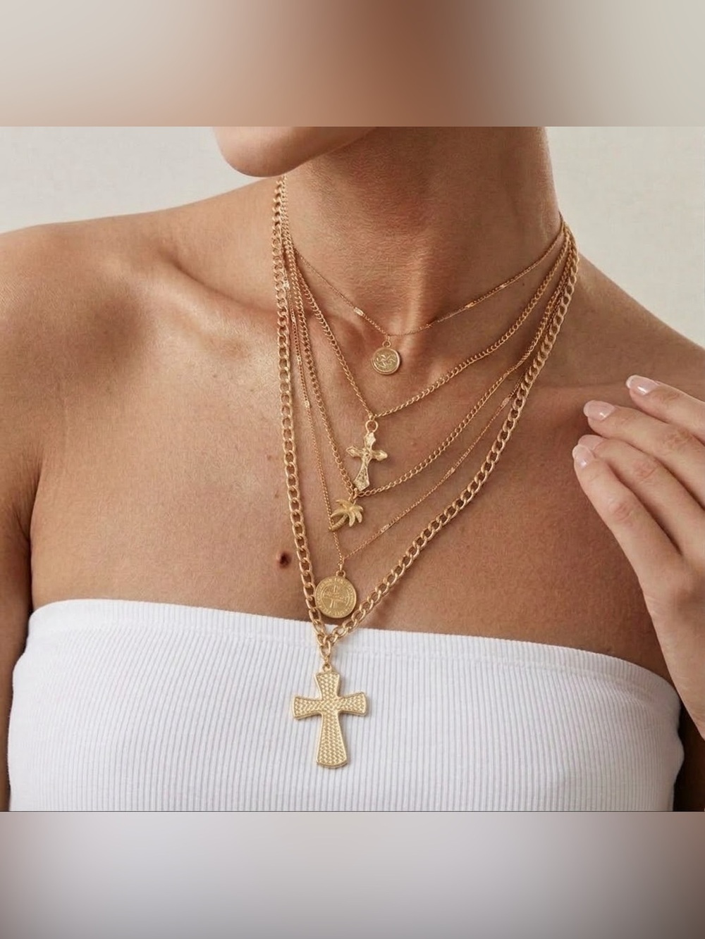 5-Piece Gold Layered Cross & Palm Tree Charm Necklace Set